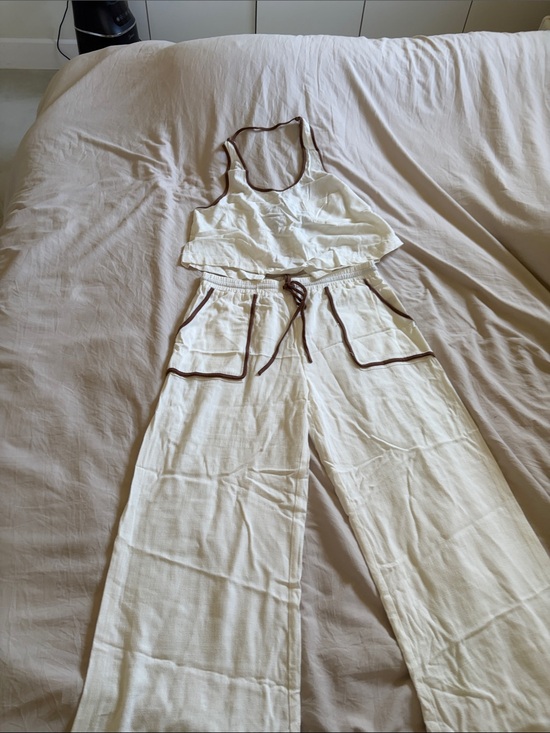 ILLA ILLA Other - ILLA ILLA Cream Wide-Leg Linen Jumpsuit with Brown Trim